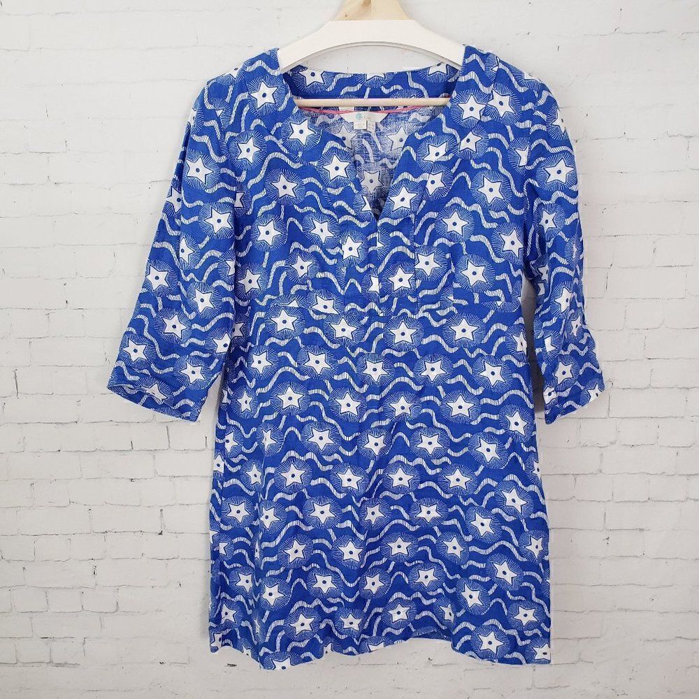 Boden Star Print Blue White 100% Linen Dress Size 4 Petite July 4th Patriotic - Picture 2 of 9